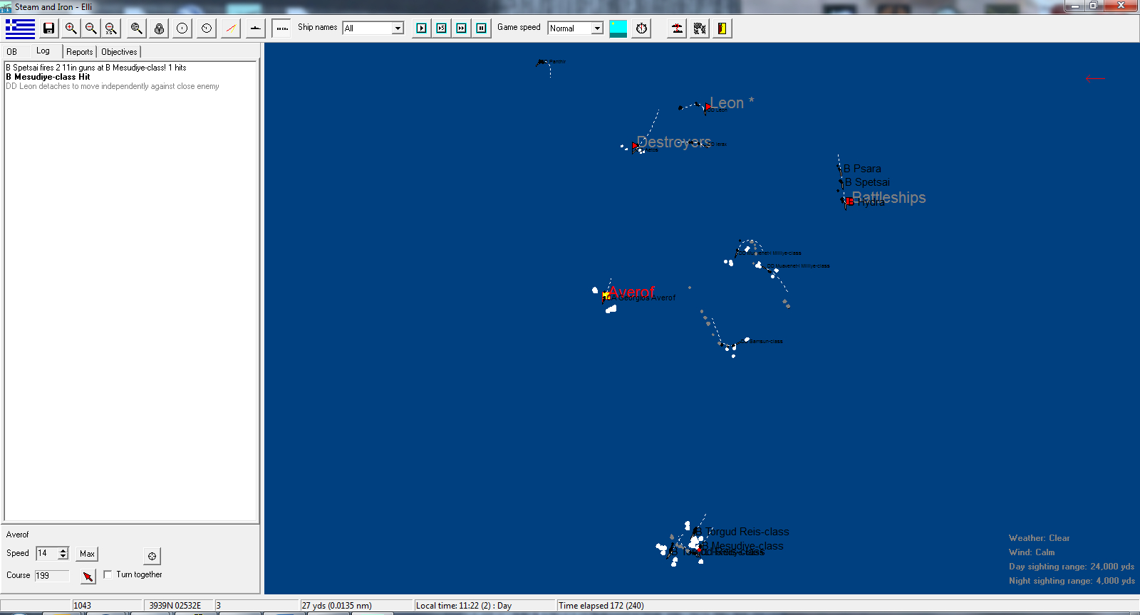 A battle unfolds. I control two formations with square flags - the others are run by the AI